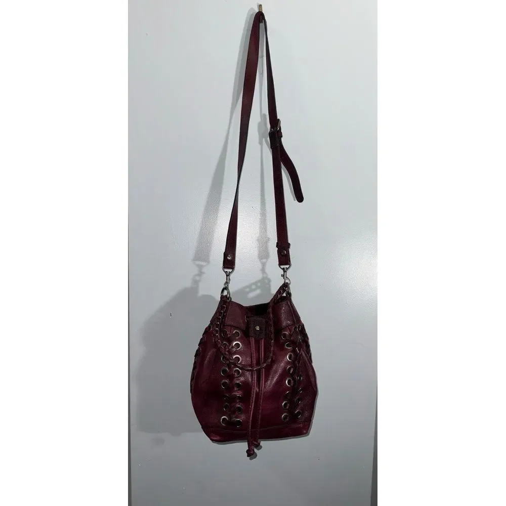 Patricia Nash Martina crossbody drawstring bag grommets and lacing burgundy red - Picture 1 of 12
